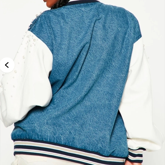 Fashion Nova Pearl Embellished Denim Varsity Jacket Size L - Picture 4 of 8